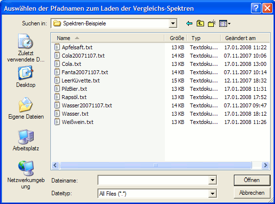 Datei-Fenster zum Auswählen der Pfadnamen zum Laden der Vergleichs-Spektren