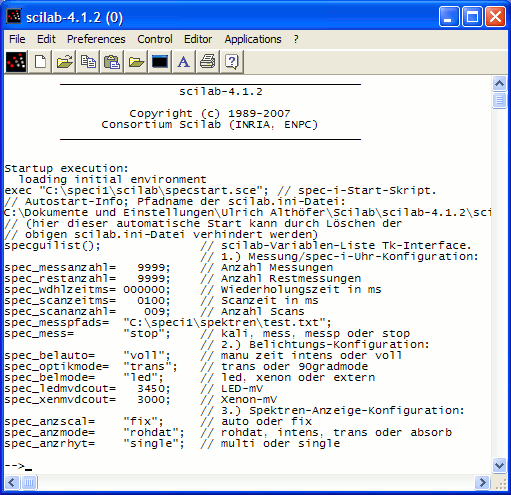 scilab-Konsole nach Start des spec-i-Skripts